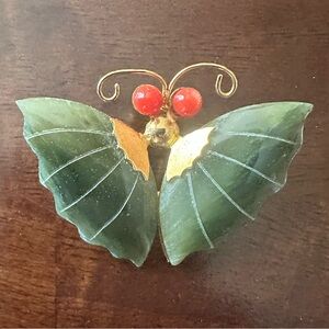 Vintage Gold Toned Jade Winged Butterfly Brooch/Pin